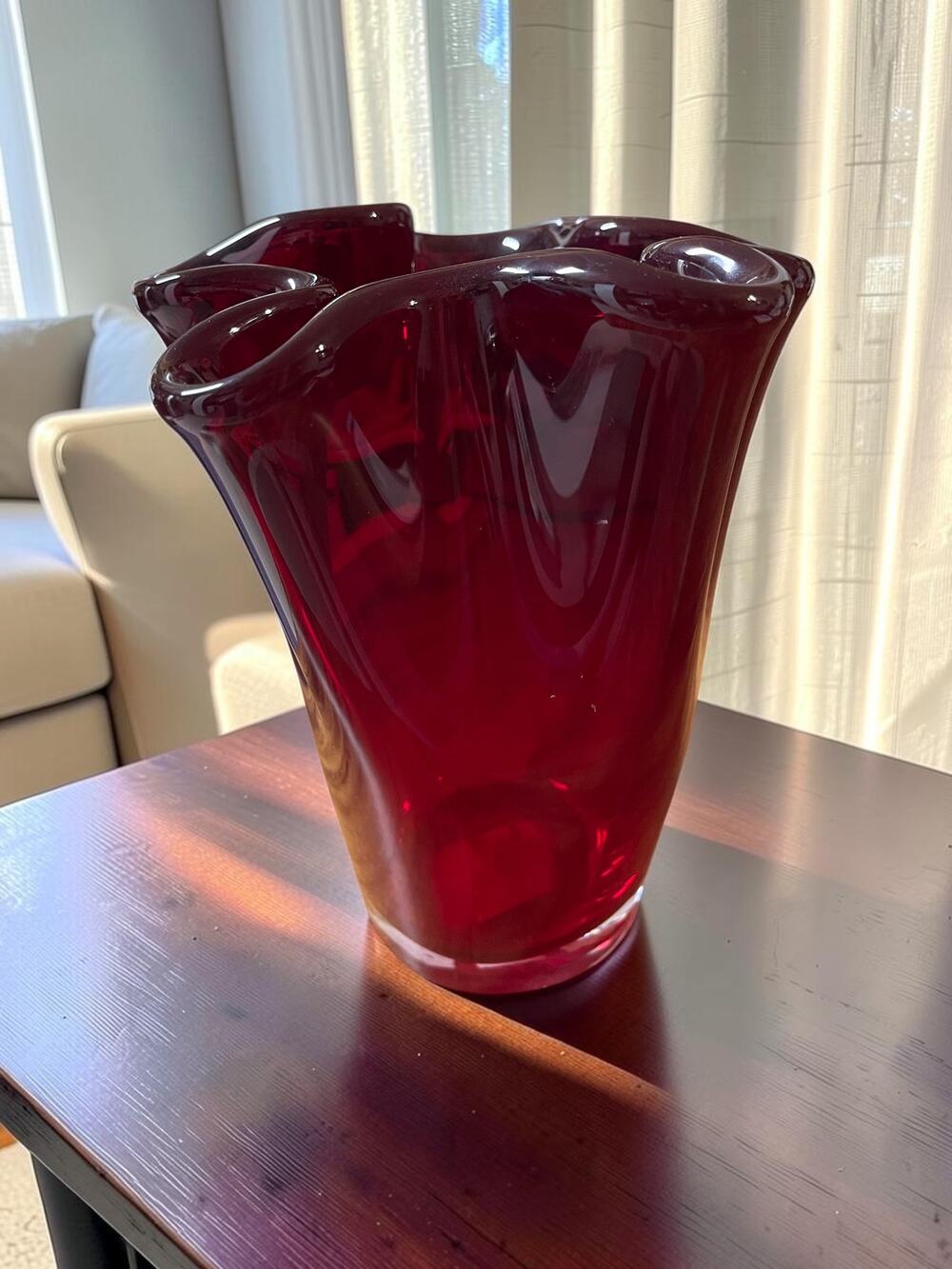 Curvy Vase Thick Hand blown Art Glass Poland Red Ruby Modern Sculpture 7"x8"
